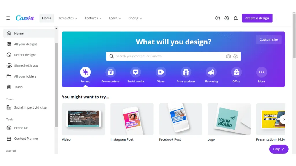 The Canva homepage where you start a new Instagram Story design