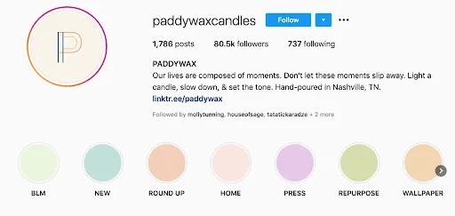 A consistently branded Instagram profile, from the profile photo through to the Story Highlight covers