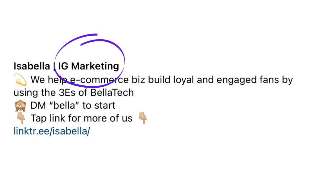 An Instagram profile with a searchable display name and a clear, niche-specific bio