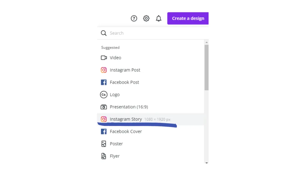 Choosing an Instagram Story template or setting a 1080 by 1920 custom size in Canva