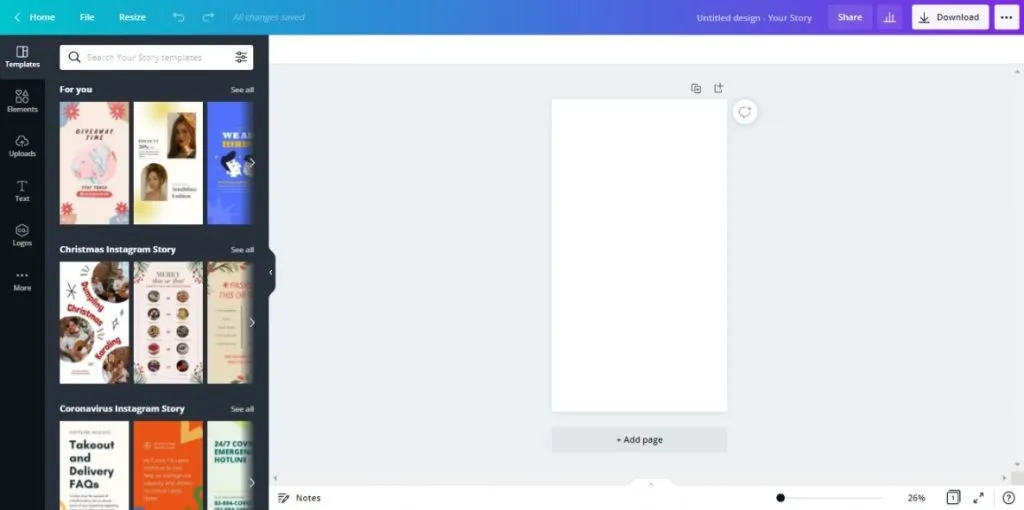 Browsing and selecting an Instagram Story template in the Canva editor