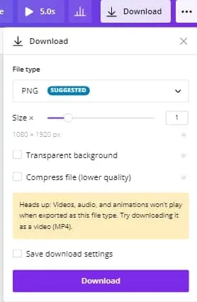 The Canva download menu showing PNG and MP4 export options for an Instagram Story