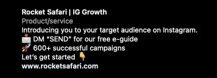 An optimised Rocket Safari Instagram bio with clear niche keywords
