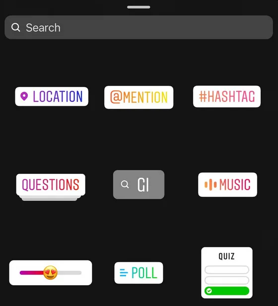 The Instagram Stories sticker tray, showing poll, questions, quiz, emoji slider and other interactive stickers