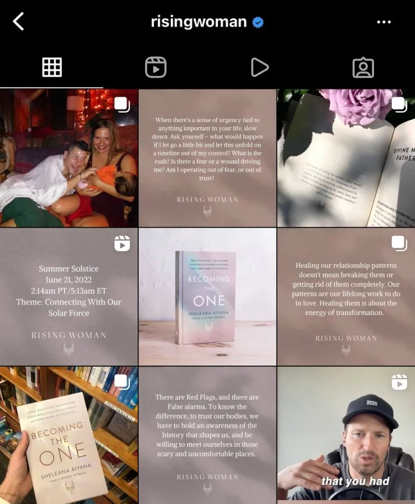 A checkerboard Instagram grid alternating photos with text tiles