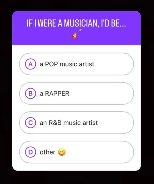 Instagram quiz stickers on a Story with a trivia prompt and answer options
